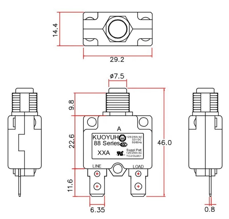 KQEC KUOYUH Circuit Breaker Thermal Overload 88 Series 3-17A Quick Connect Terminals 32VDC 125/250VAC 50/60Hz Push-to-Reset Button 2-Pack (14A) - Image 4